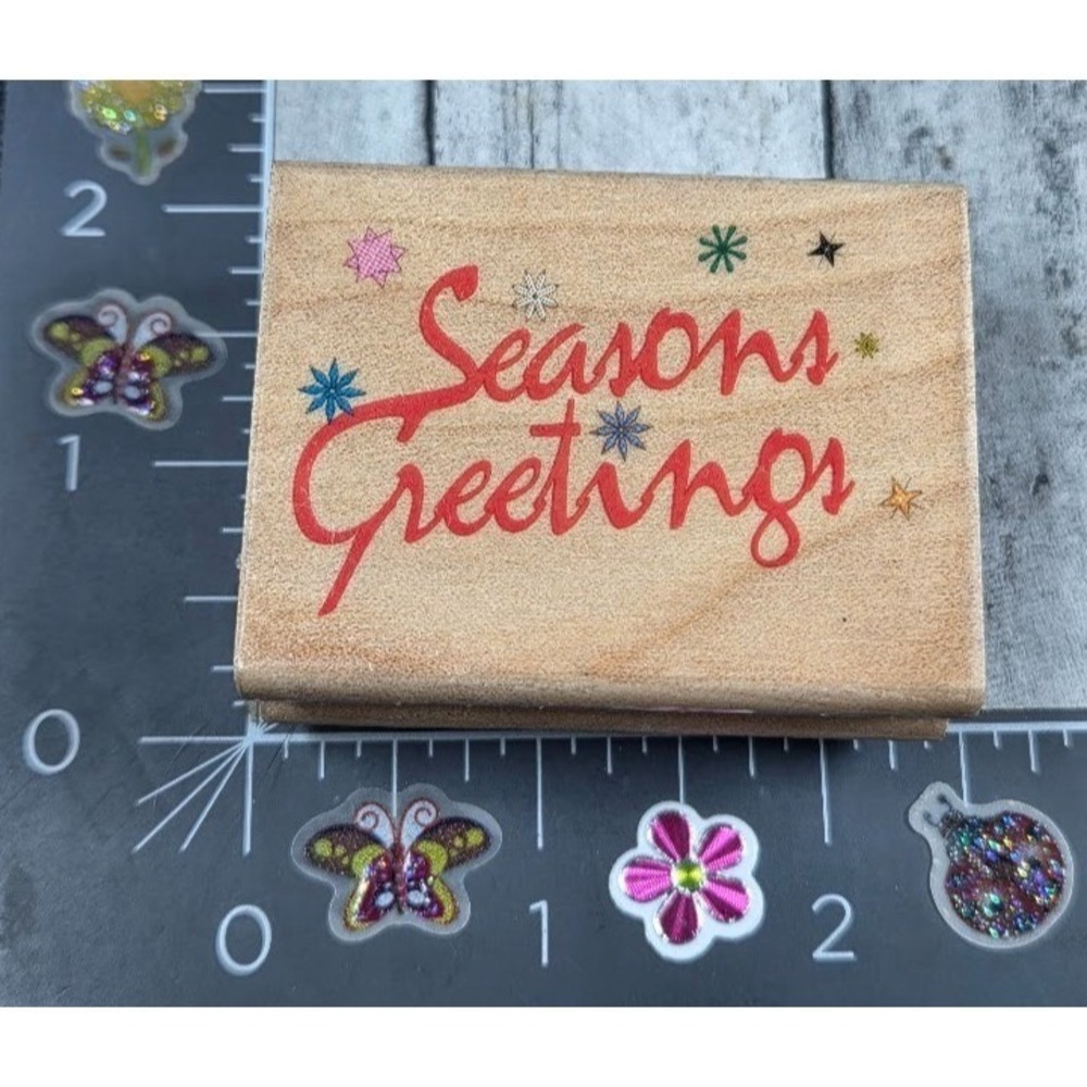 Canadian Maple Season's Greetings Script Snowflakes Rubber Stamp Wood #B53
